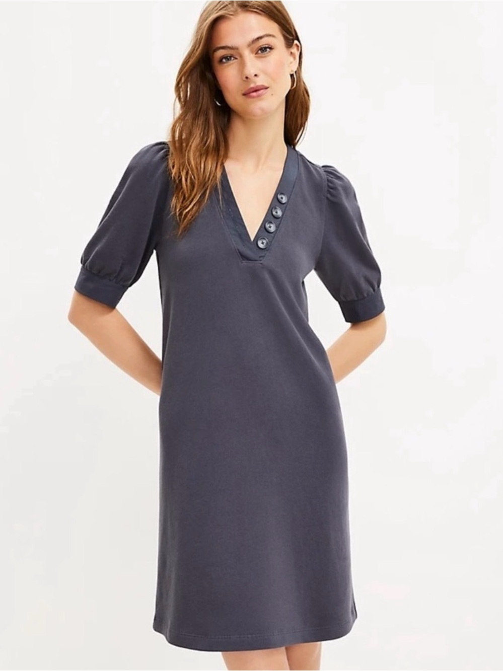 LOFT Slate V-Neck Button Midi Dress